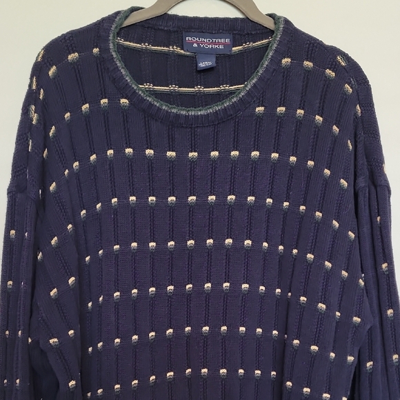 Y2K Vintage Men Chunky Knit Sweater Size L Grandpa Navy Cotton Cosby Academia - Picture 3 of 12